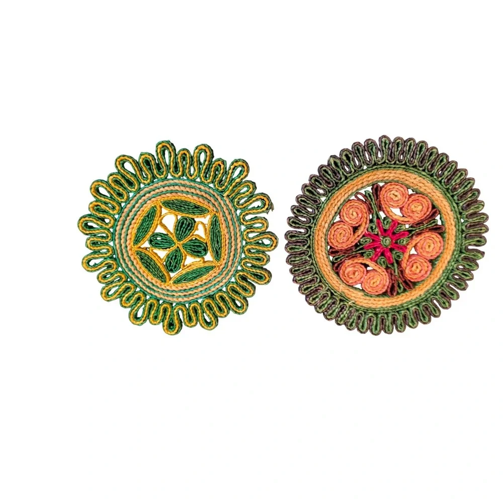 Vintage Woven Straw Trivets Hot Pads Set 2 Boho Kitchen Decor Green Yellow 7.5
